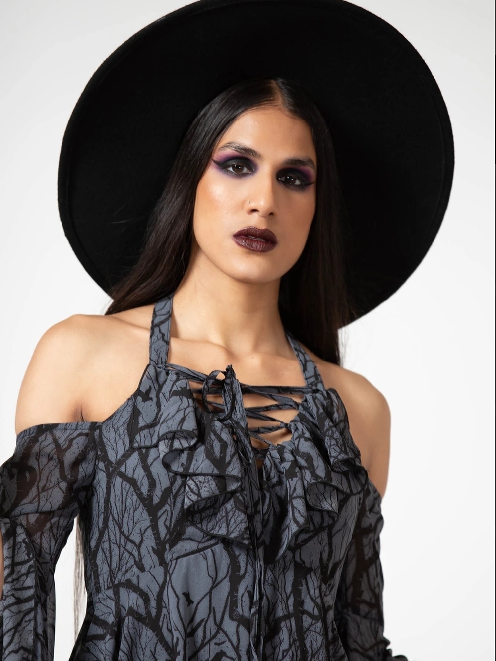 Killstar Gothic Lace-Up Asymmetrical Black & Gray Off-Shoulder Dress - Picture 3 of 8